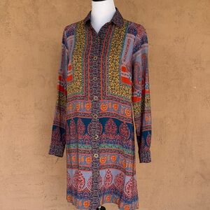 Anthropologie Maeve Maroon Floral Print Top with Teal and Orange Accents